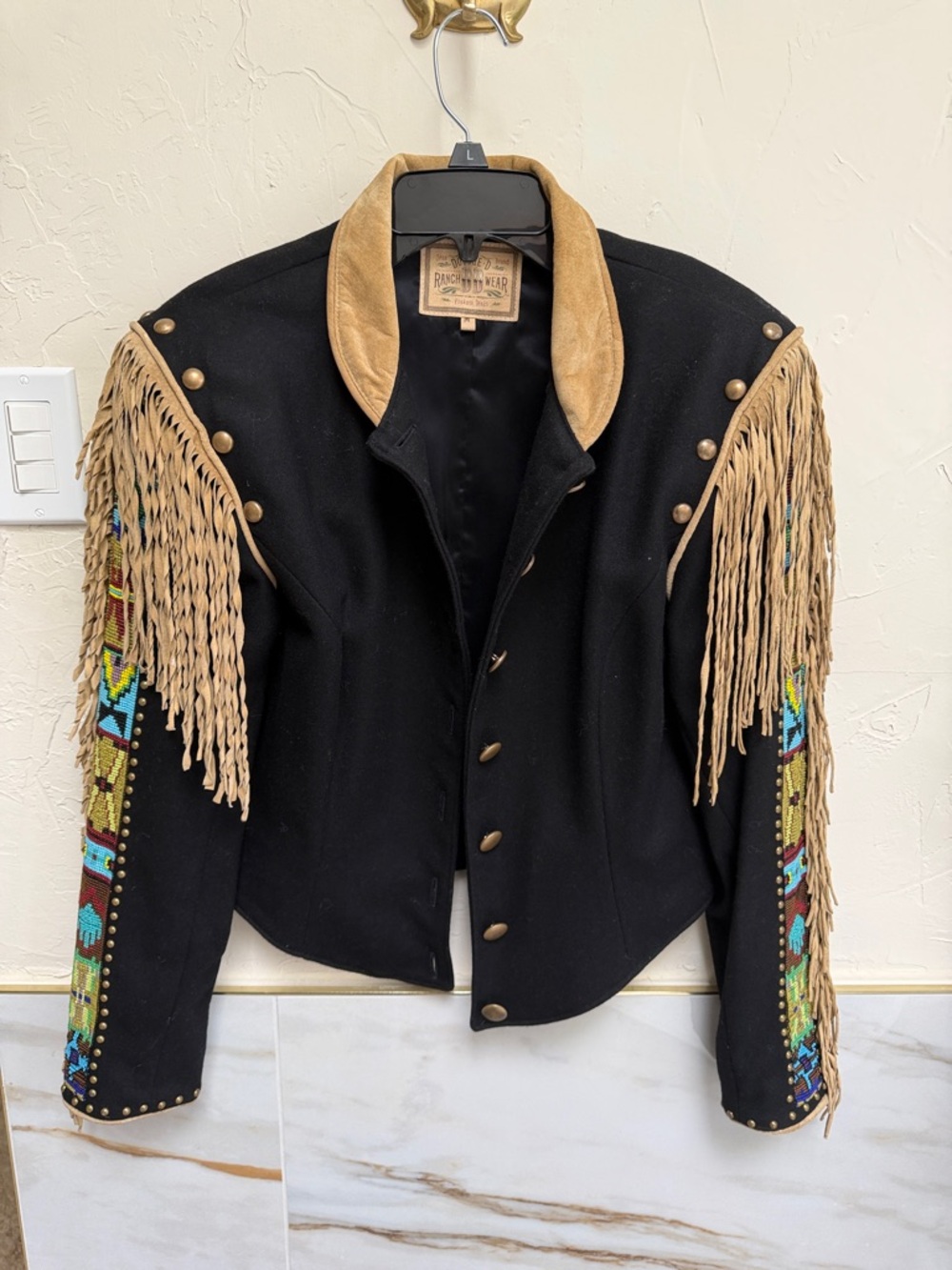 Double D Ranch Black Leather Jacket with Tan Fringe and Multicolor Beadwork